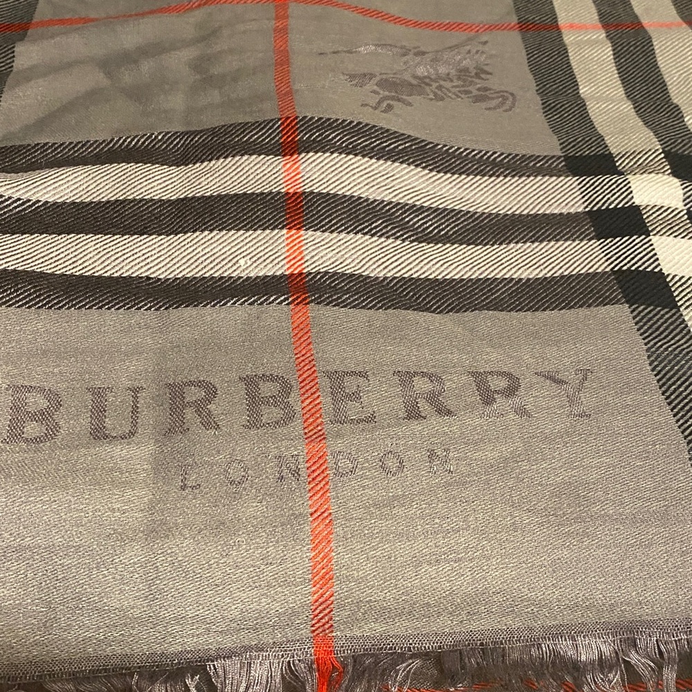 Burberry Gray Plaid scarf/shawl with Black, White & Red Accents - Picture 3 of 5